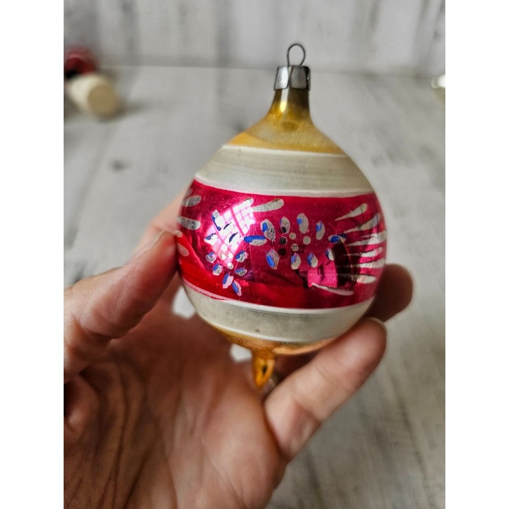 Vintage red striped white gold teardrop ornament mercury Xmas tree